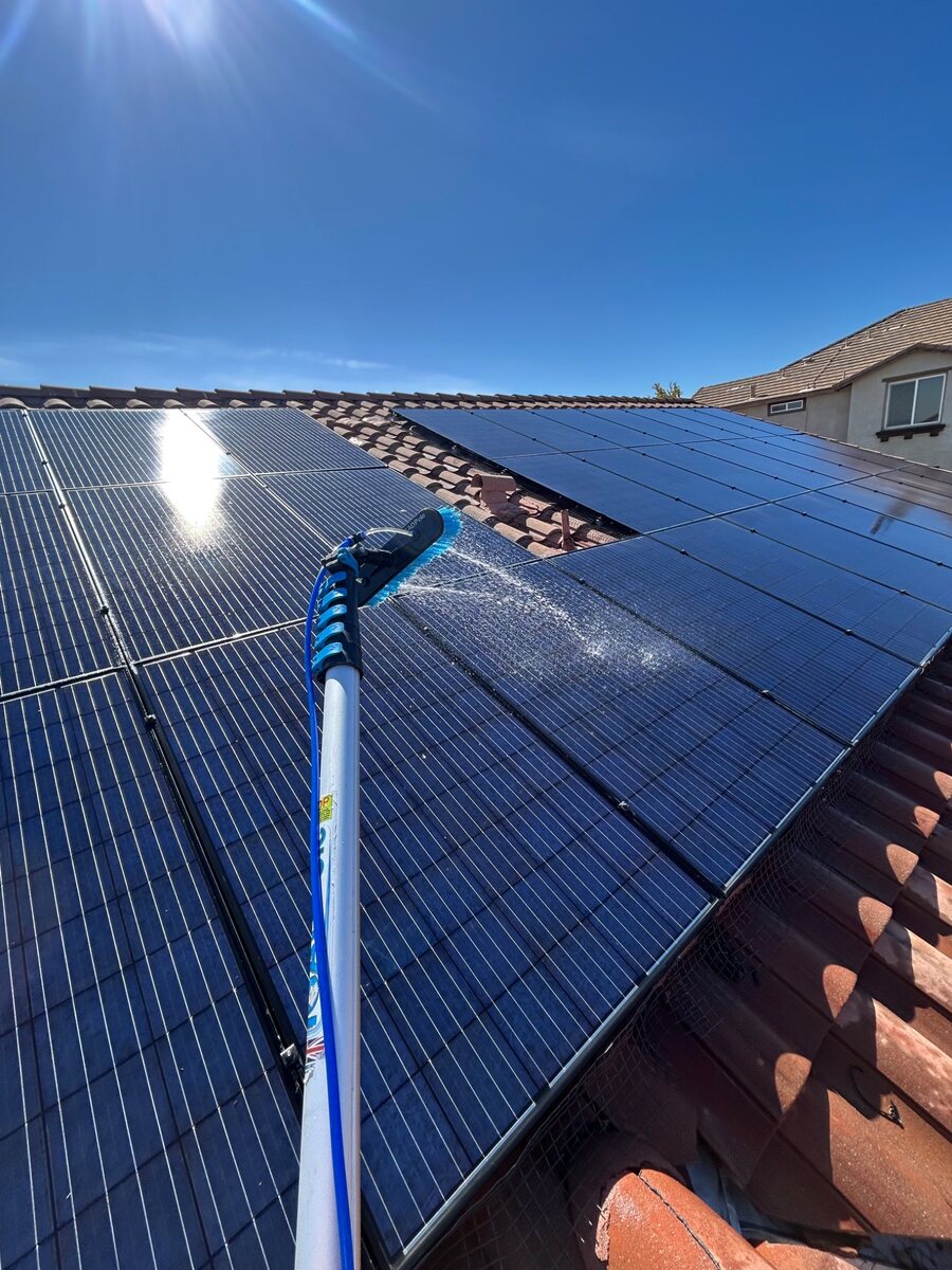 Professional solar panel cleaning in progress